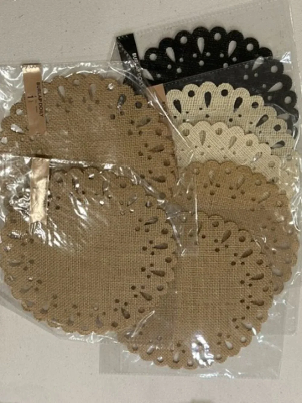 NEW-Lot of SEVEN (7) Burlap Doilies Tan, Cream & Black-8